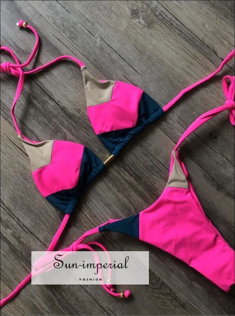 Color Block Hot Pink Black White Bikini Set Women’s Swimming Suit Halter Drawstring Bathing Suit