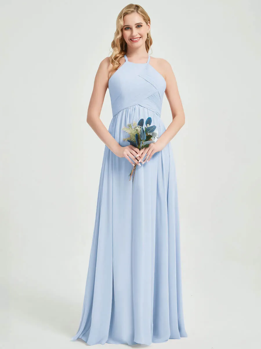 Cornflower Blue Halter Pleated Keyhole Back Chiffon Bridesmaid Dress