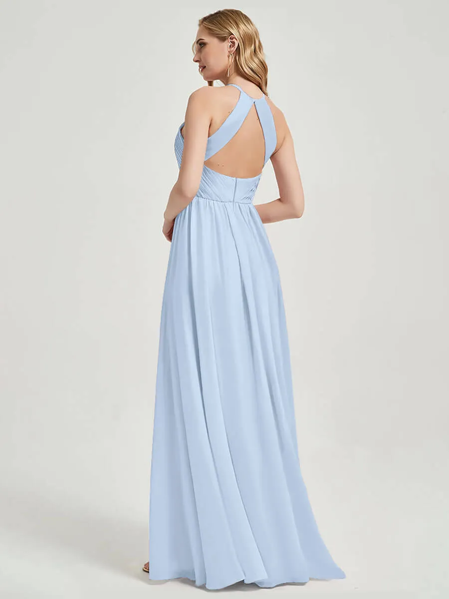 Cornflower Blue Halter Pleated Keyhole Back Chiffon Bridesmaid Dress