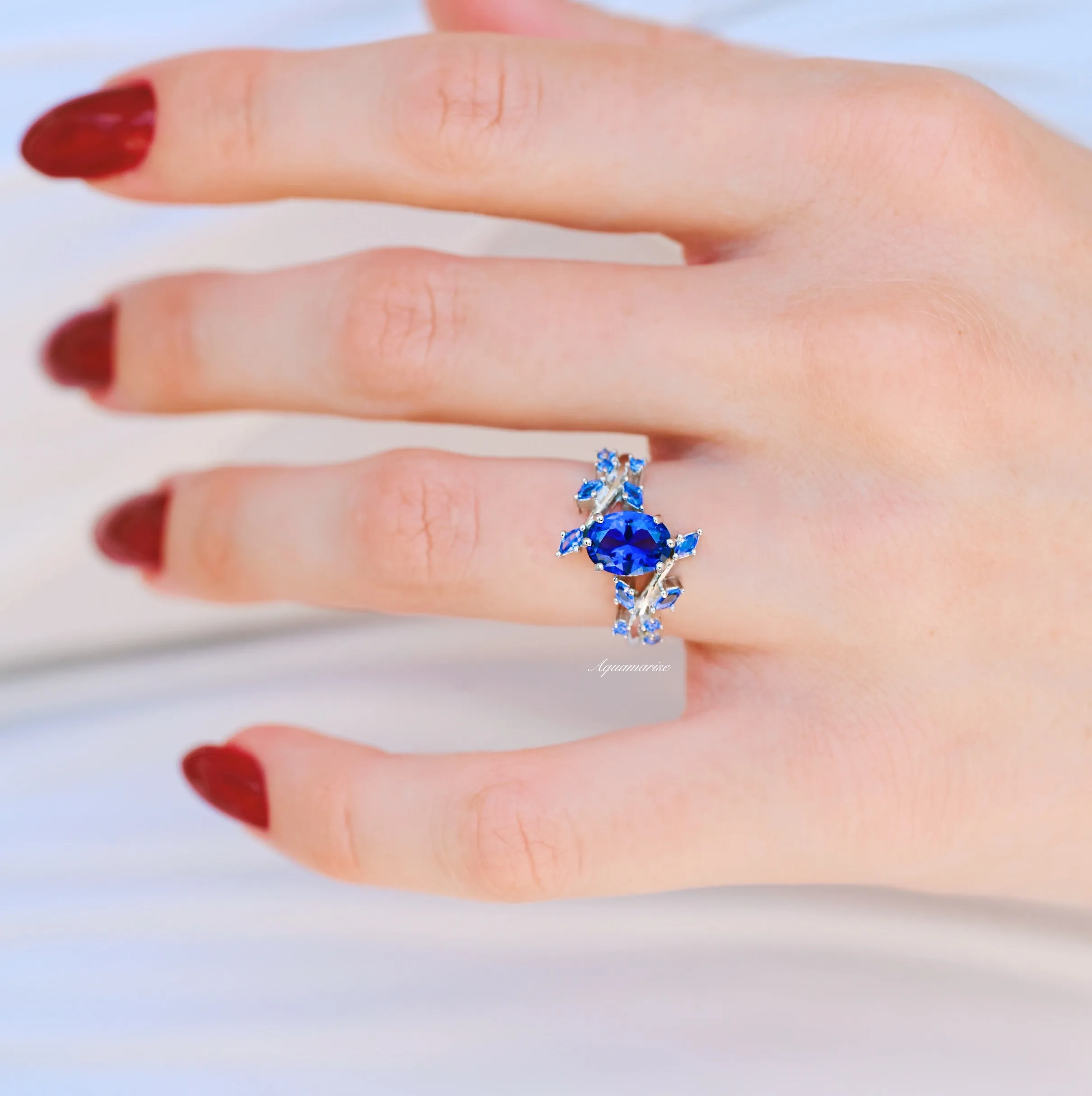 Cornflower Blue Sapphire Leaf Ring- 925 Sterling Silver