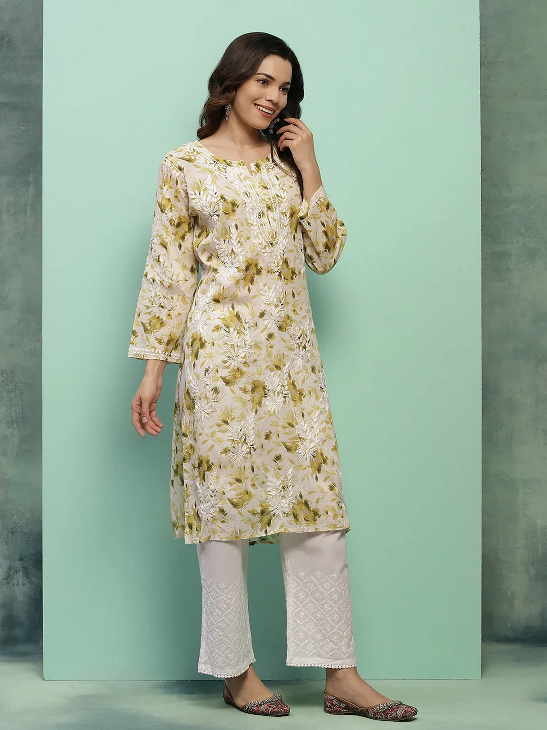 Cotton Chikankari Printed Women's Long Kurta - Green