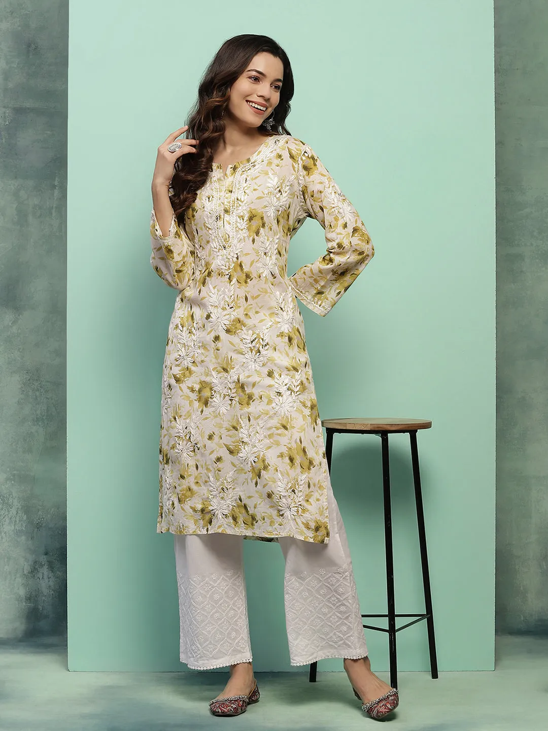 Cotton Chikankari Printed Women's Long Kurta - Green