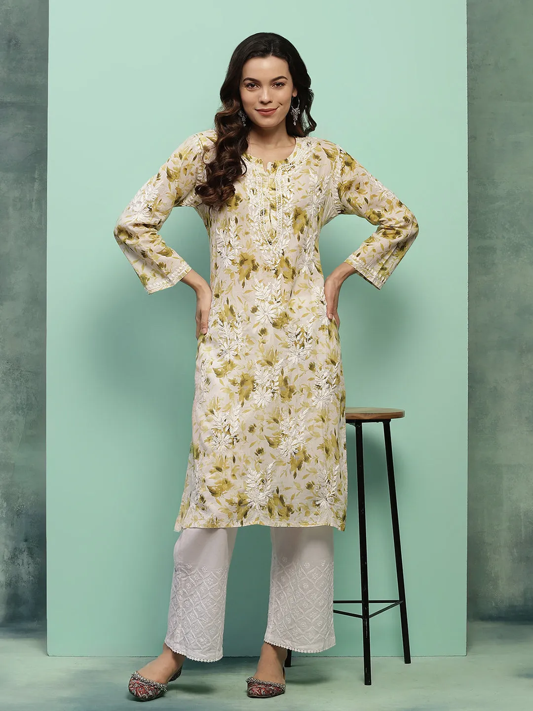 Cotton Chikankari Printed Women's Long Kurta - Green