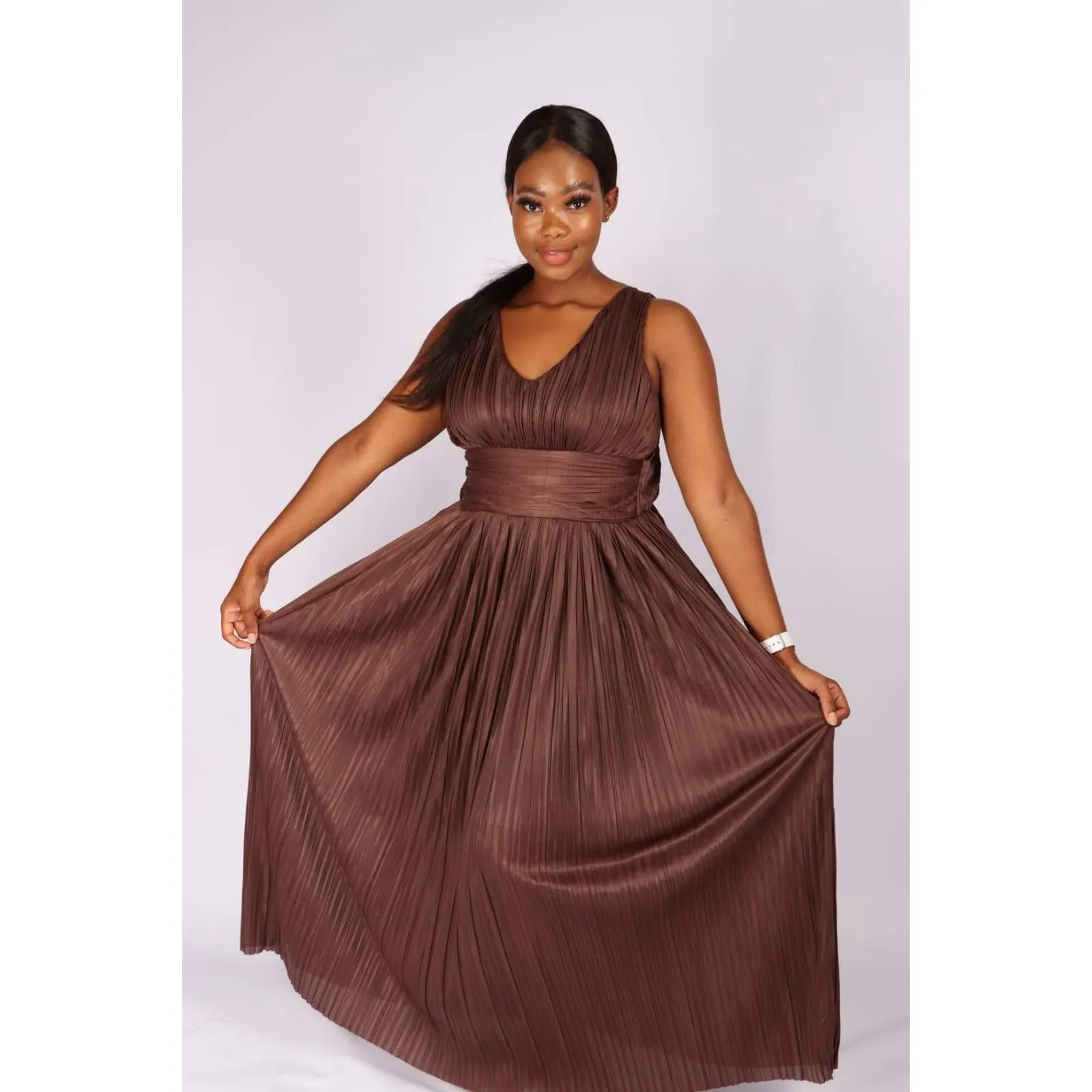 Deep V-Neck Pleated Maxi dress 