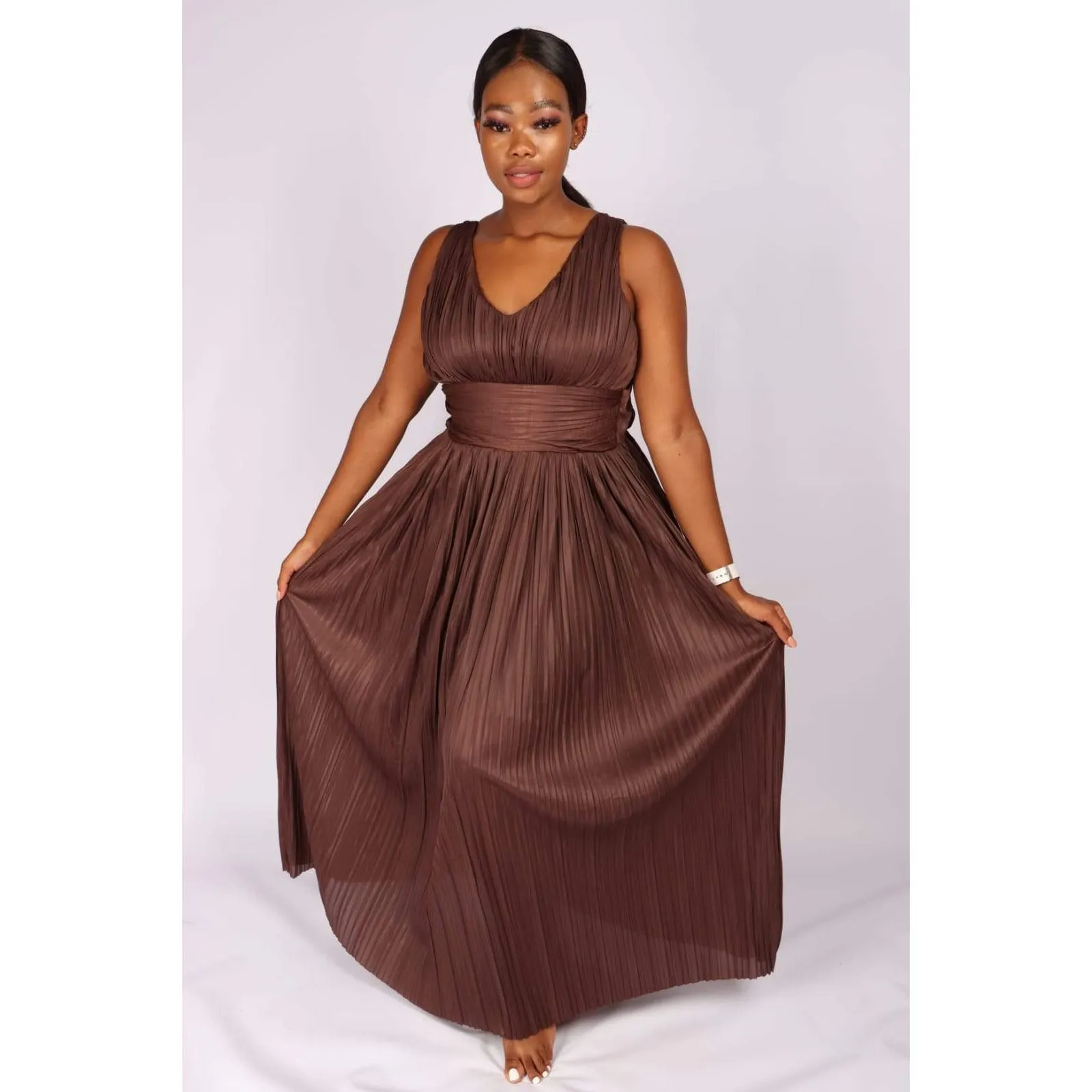 Deep V-Neck Pleated Maxi dress 