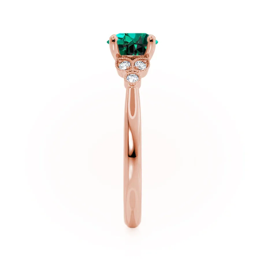 DELILAH - Chatham® Round Emerald 18k Rose Gold Shoulder Set Ring