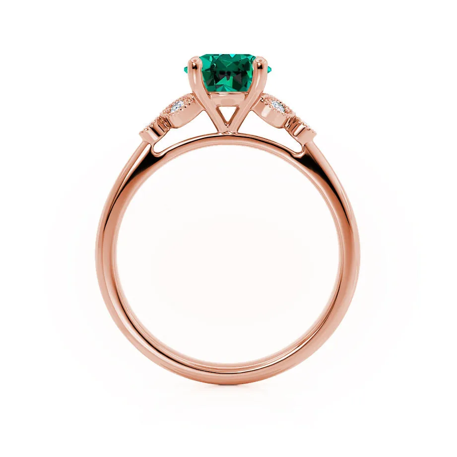 DELILAH - Chatham® Round Emerald 18k Rose Gold Shoulder Set Ring