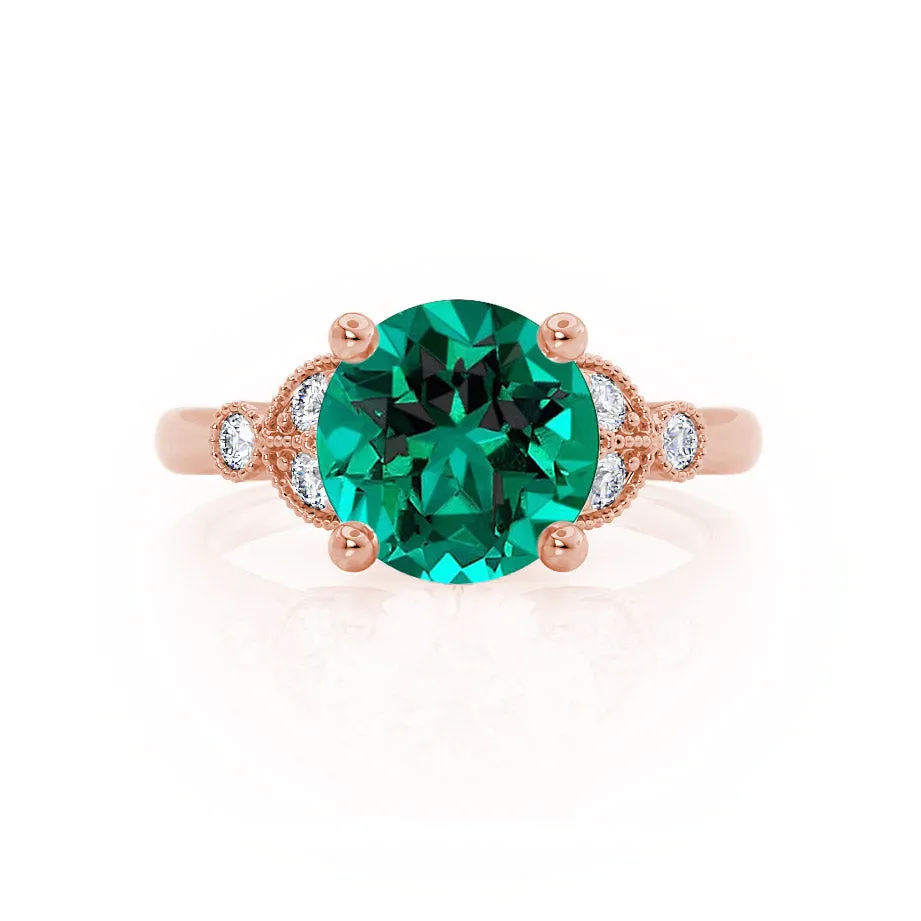 DELILAH - Chatham® Round Emerald 18k Rose Gold Shoulder Set Ring