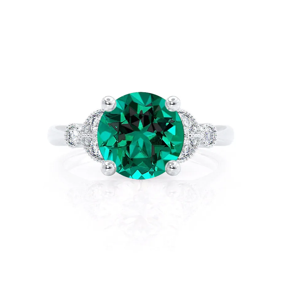 DELILAH - Chatham® Round Emerald 18k White Gold Shoulder Set Ring