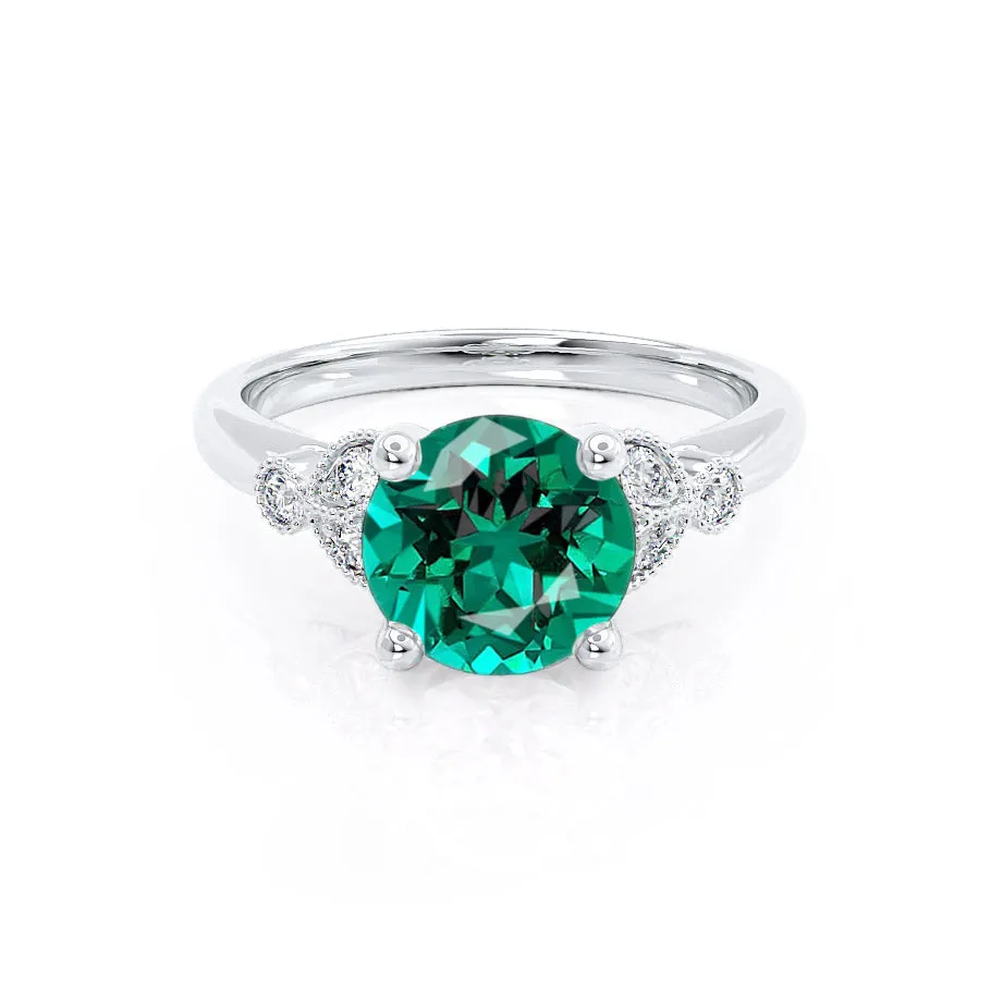 DELILAH - Chatham® Round Emerald 18k White Gold Shoulder Set Ring