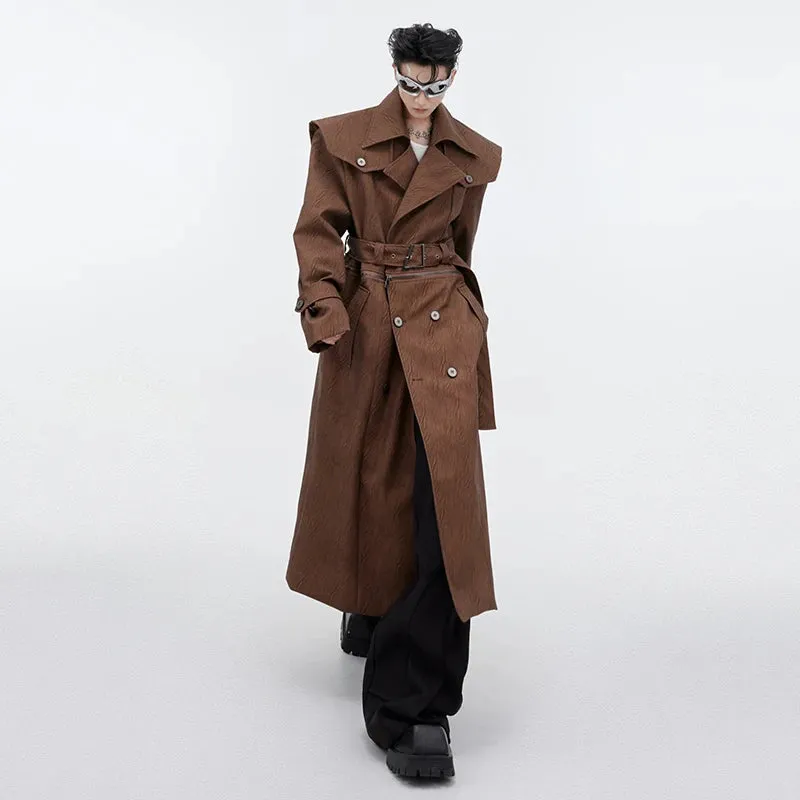 Detachable Men's Windbreakers Niche Design PU Leather Coat Over Knee Cape Silhouette Overcoat 2024 New Fashion Tide 9C1948