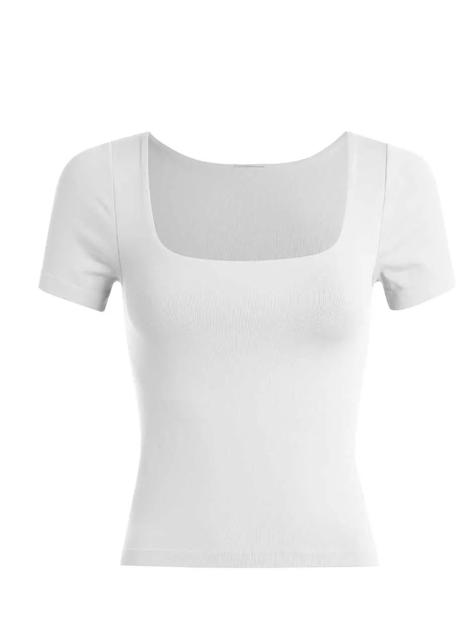 D.F. Women's Square Neck Short Sleeve Lined T-Shirt - White