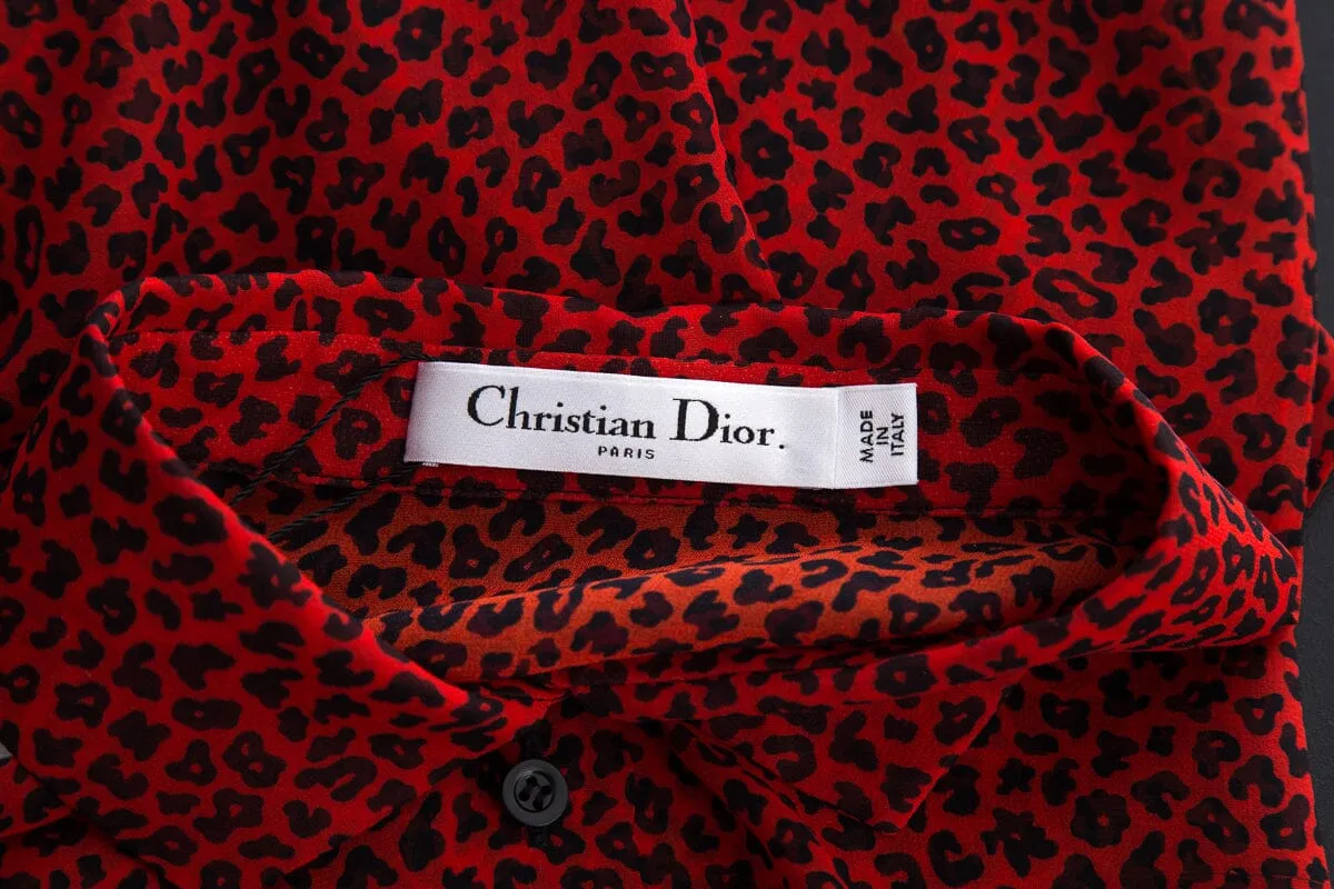 Dior Red Silk Cheetah Print Short Sleeve Blouse SZ S