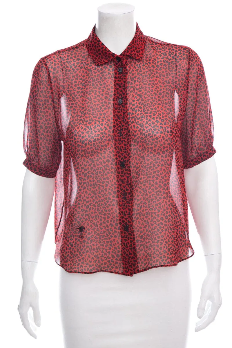 Dior Red Silk Cheetah Print Short Sleeve Blouse SZ S