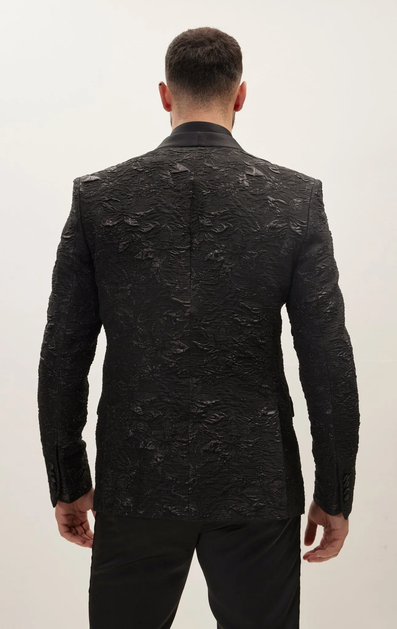 Embroidered Quilt Patterns Shawl Lapel Tuxedo Jacket - Black Silver