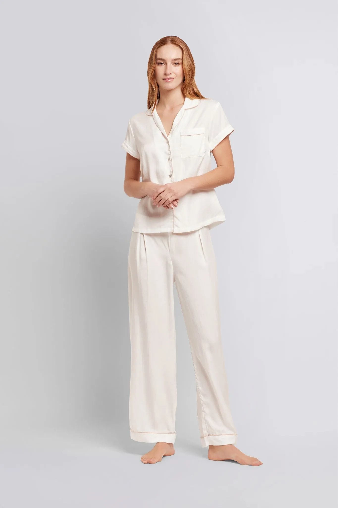 Eva Short Sleeve with Long Pant Tencel™ Pyjama Set - White with Blush Piping