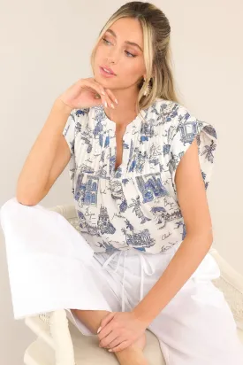 Everyday Smiles Blue & White Tropical Print Top