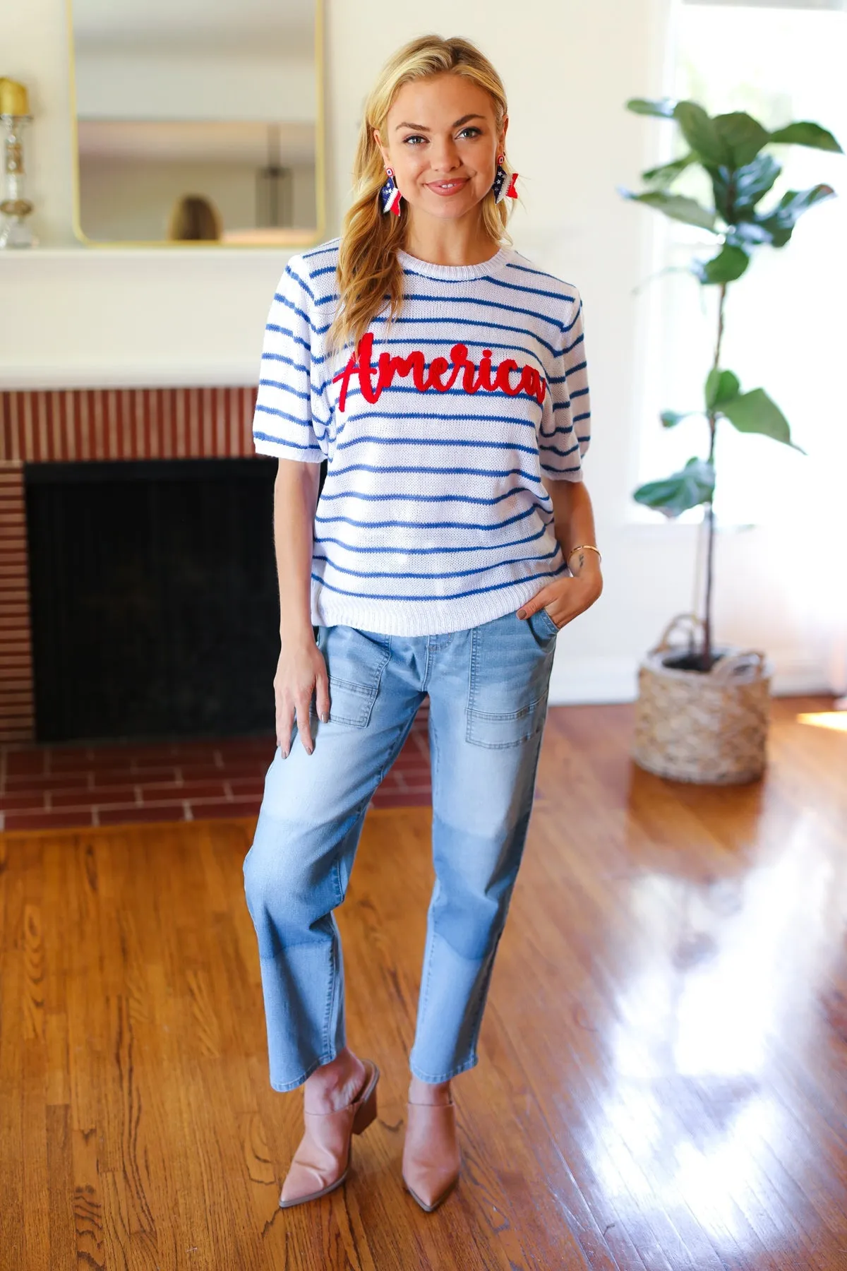 Explore More Collection - America Proud Blue Striped Embroidered Puff Sleeve Top