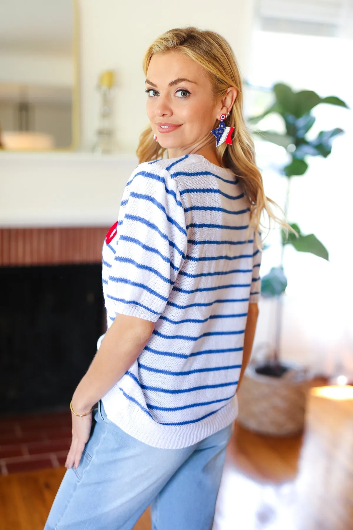 Explore More Collection - America Proud Blue Striped Embroidered Puff Sleeve Top