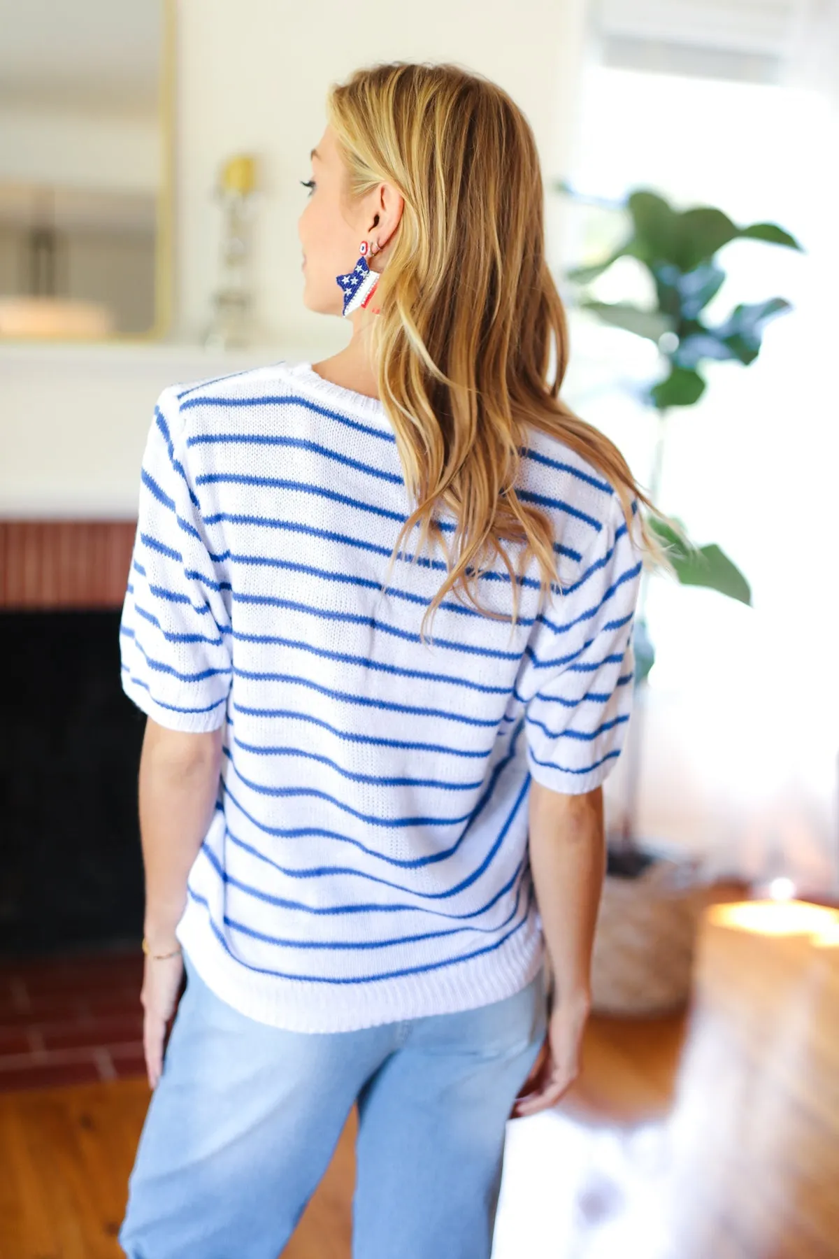 Explore More Collection - America Proud Blue Striped Embroidered Puff Sleeve Top