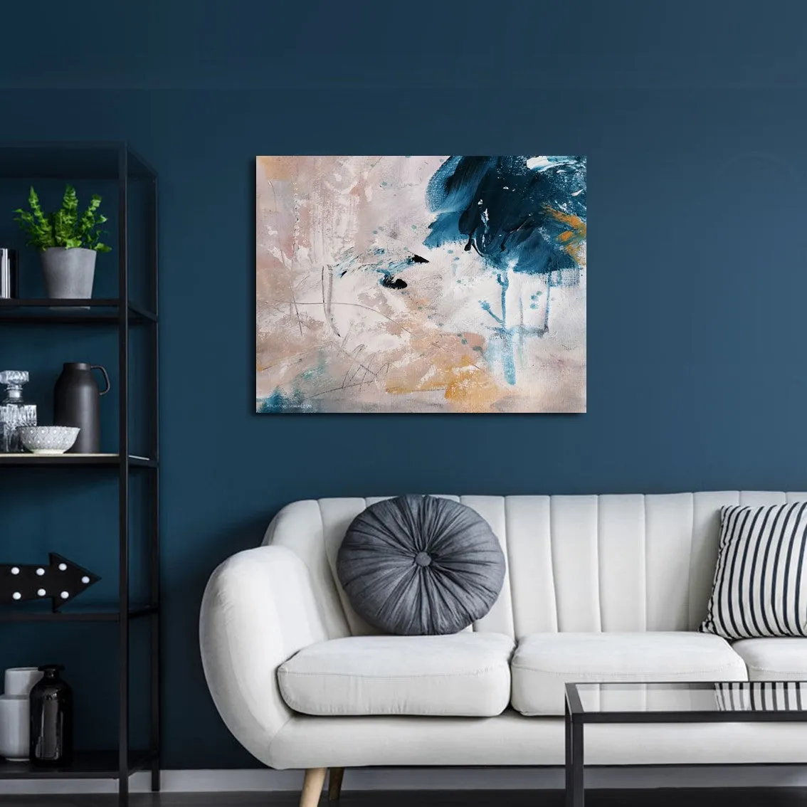 Framed horizontal beige & blue abstract wall art print