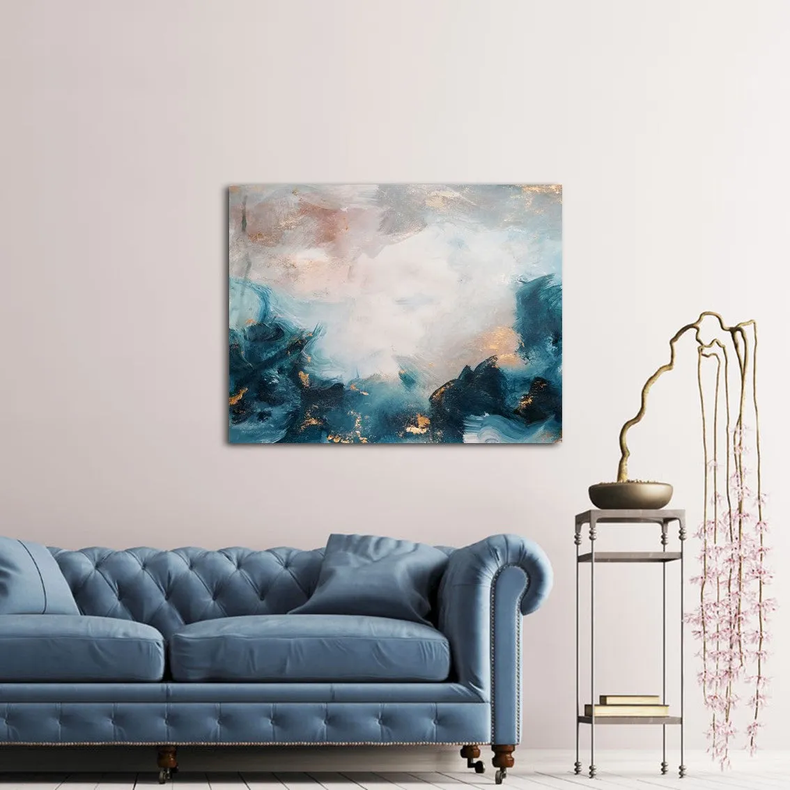 Framed horizontal blue & gold abstract wall art print