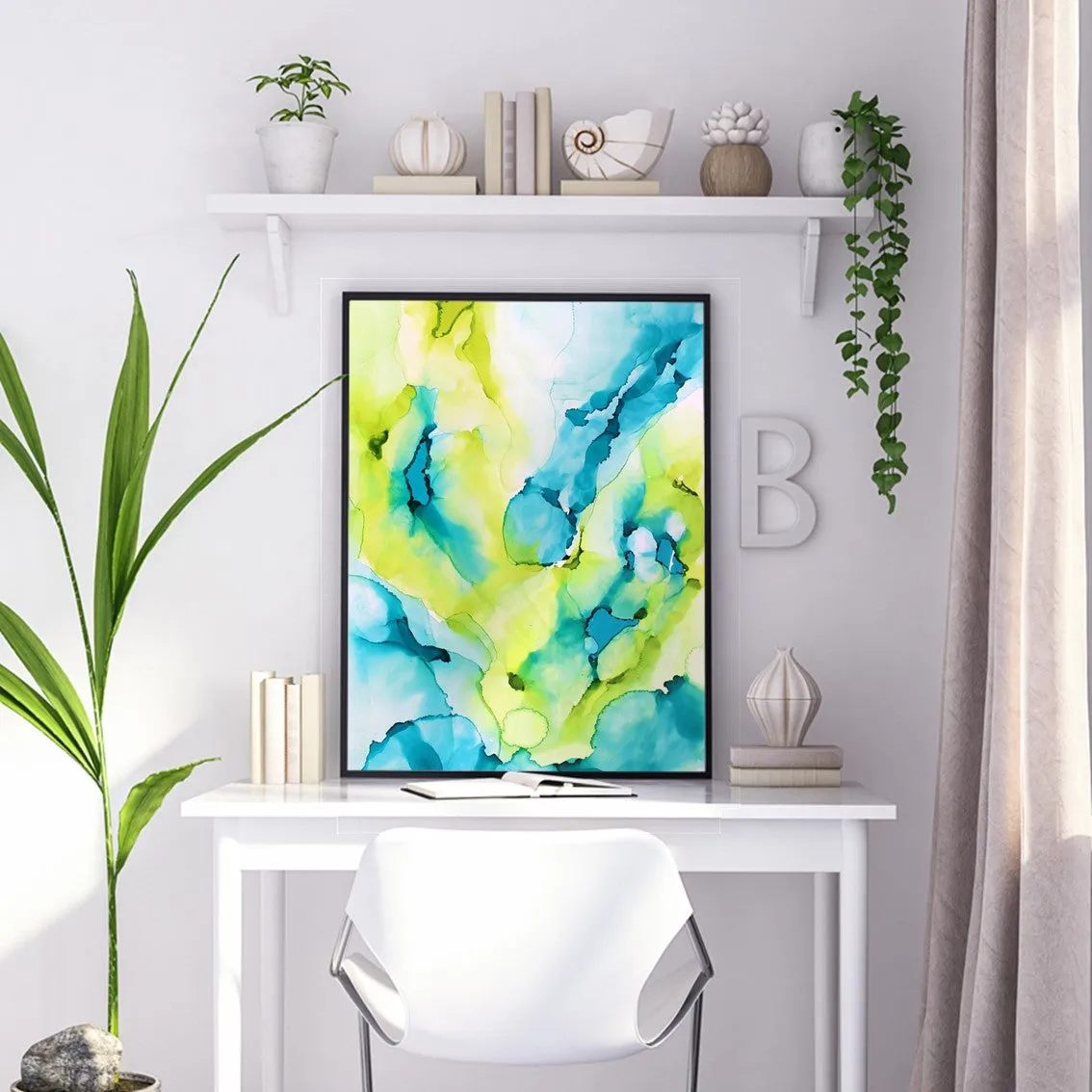 Framed vertical aqua blue & lime green abstract alcohol ink art print