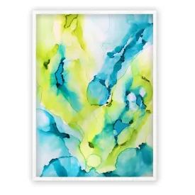 Framed vertical aqua blue & lime green abstract alcohol ink art print