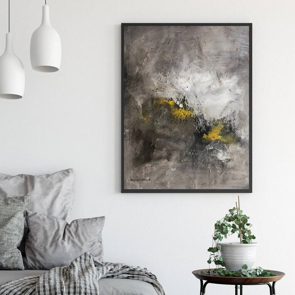 Framed vertical grey & yellow abstract wall art print