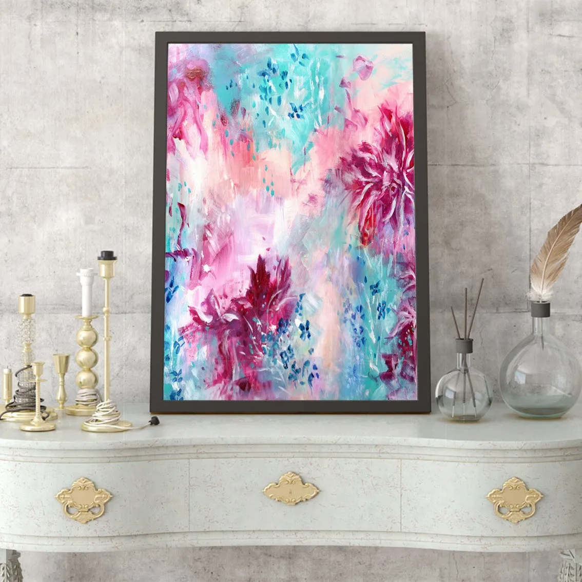 Framed vertical pink & blue abstract wall art print