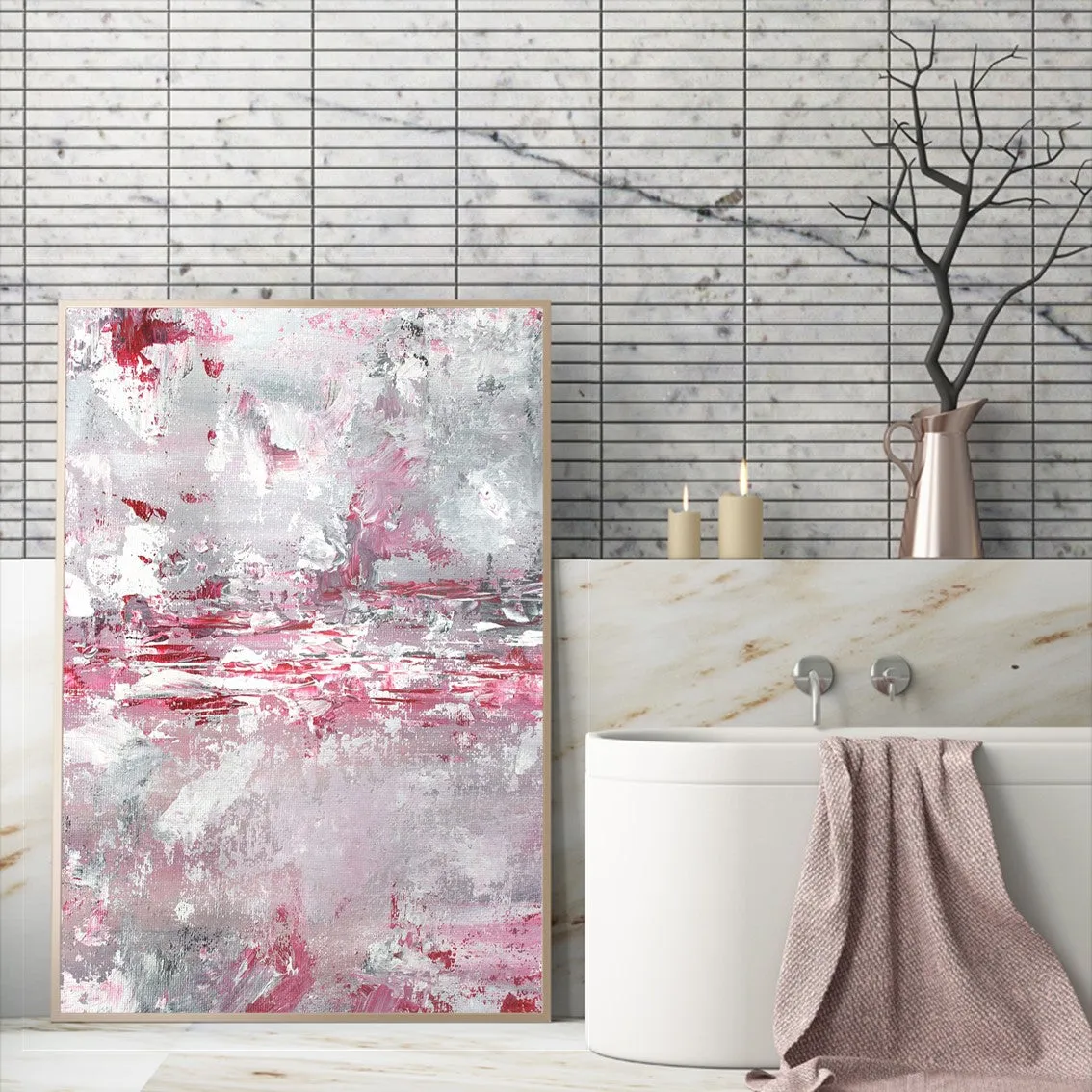 Framed vertical pink & white abstract wall art print