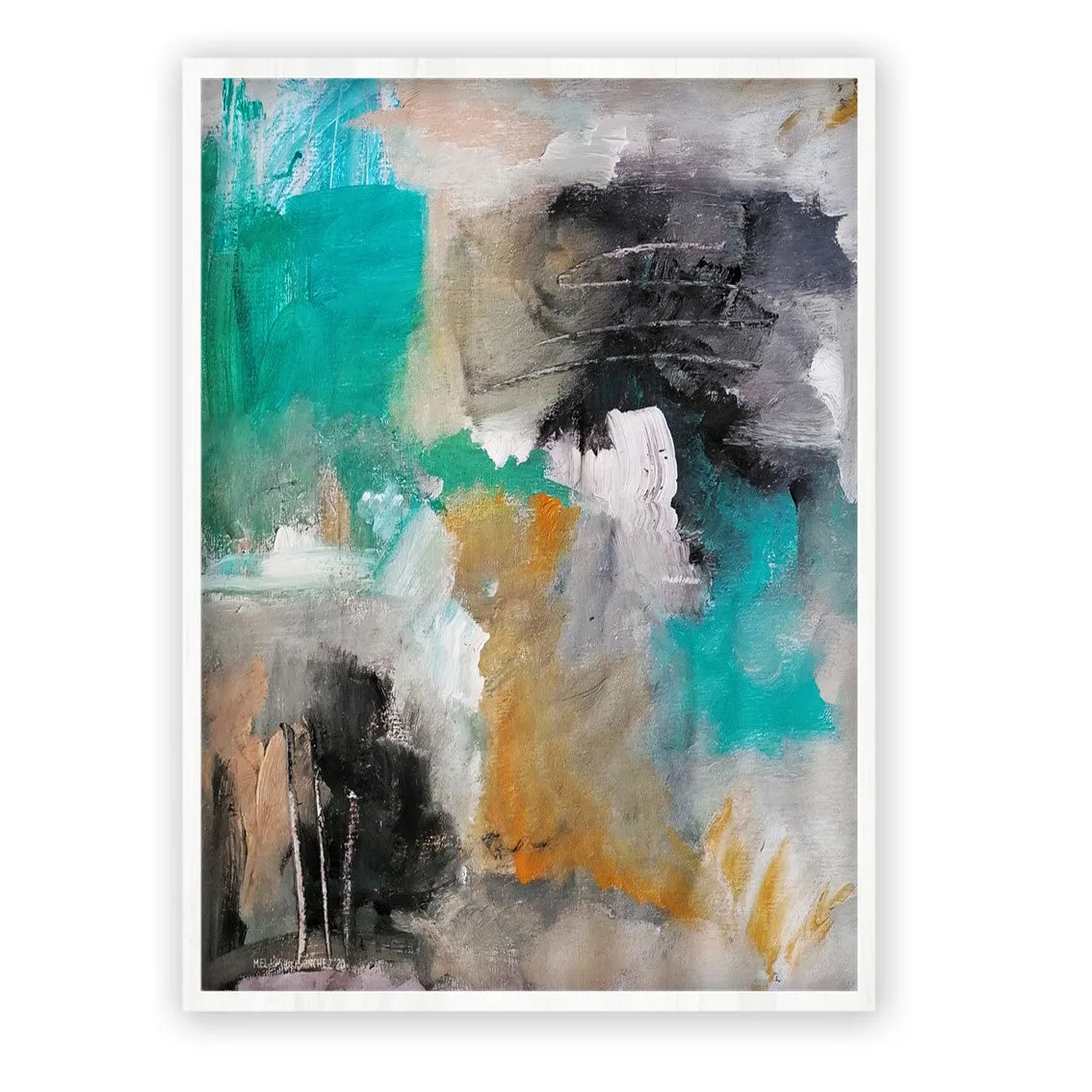 Framed vertical teal & orange abstract wall art print