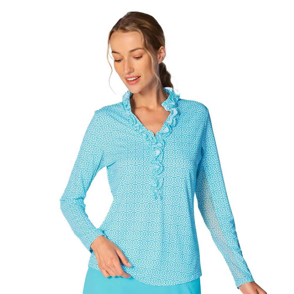 G Lifestyle Cubic Long Sleeve Double Ruffle Top - Caribbean Turq