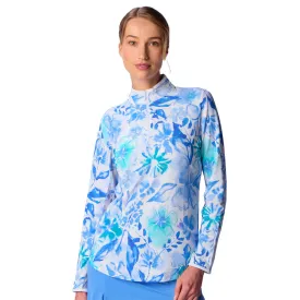 G Lifestyle Long Sleeve Collar Block Zip Mock Neck Top - Water Color Flower/White