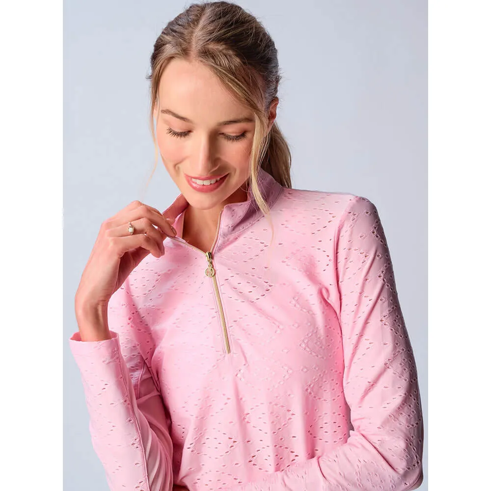 G Lifestyle Long Sleeve Print Zip Mock Neck Top - Pink Eyelet