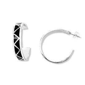 Genuine Black Onyx Half Hoop Earrings in 925 Sterling Silver, Native American Handmade in the USA, Nickle Free