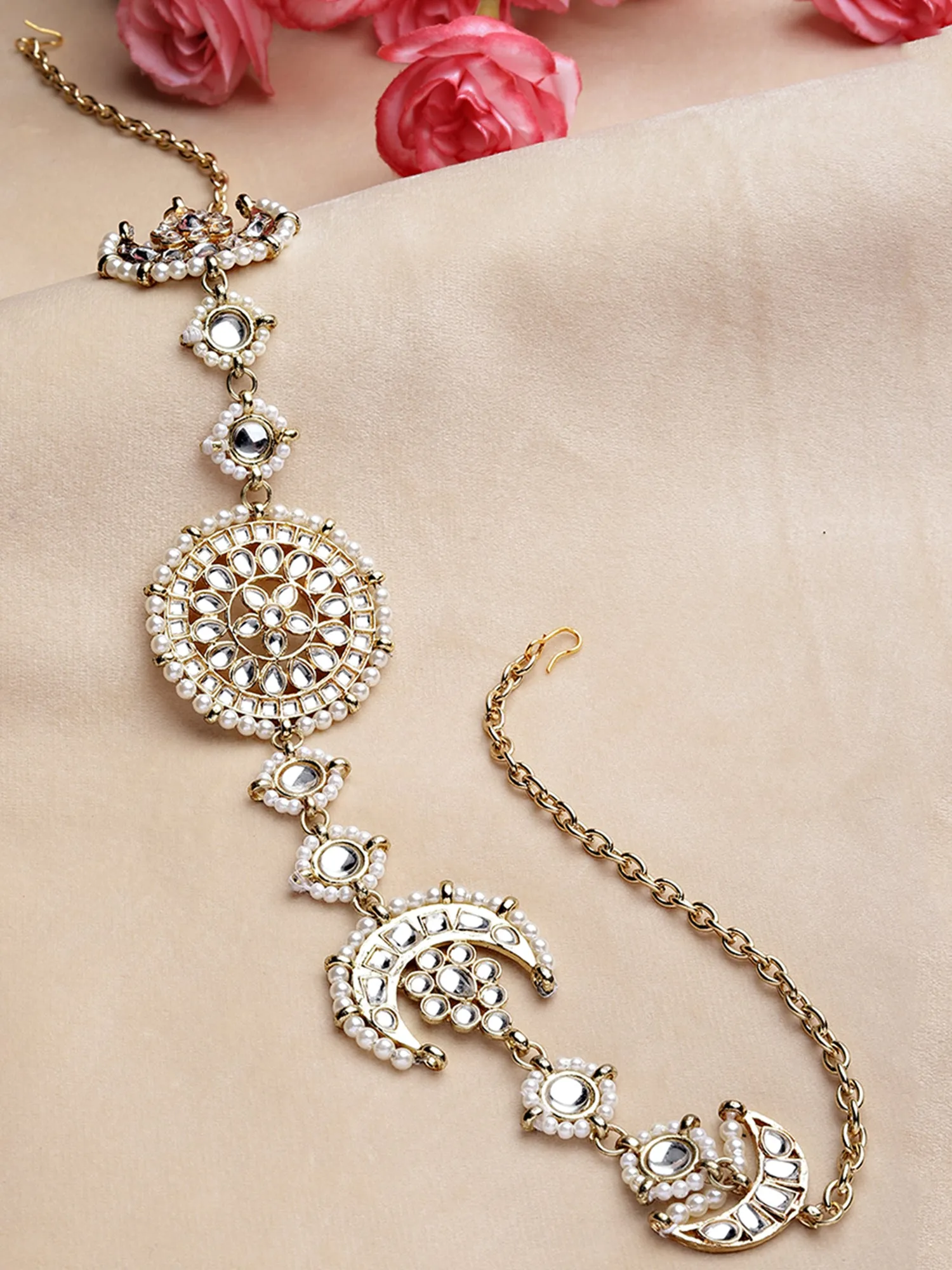 Gold Plated Floral Design Handcrafted Kundan Hairband