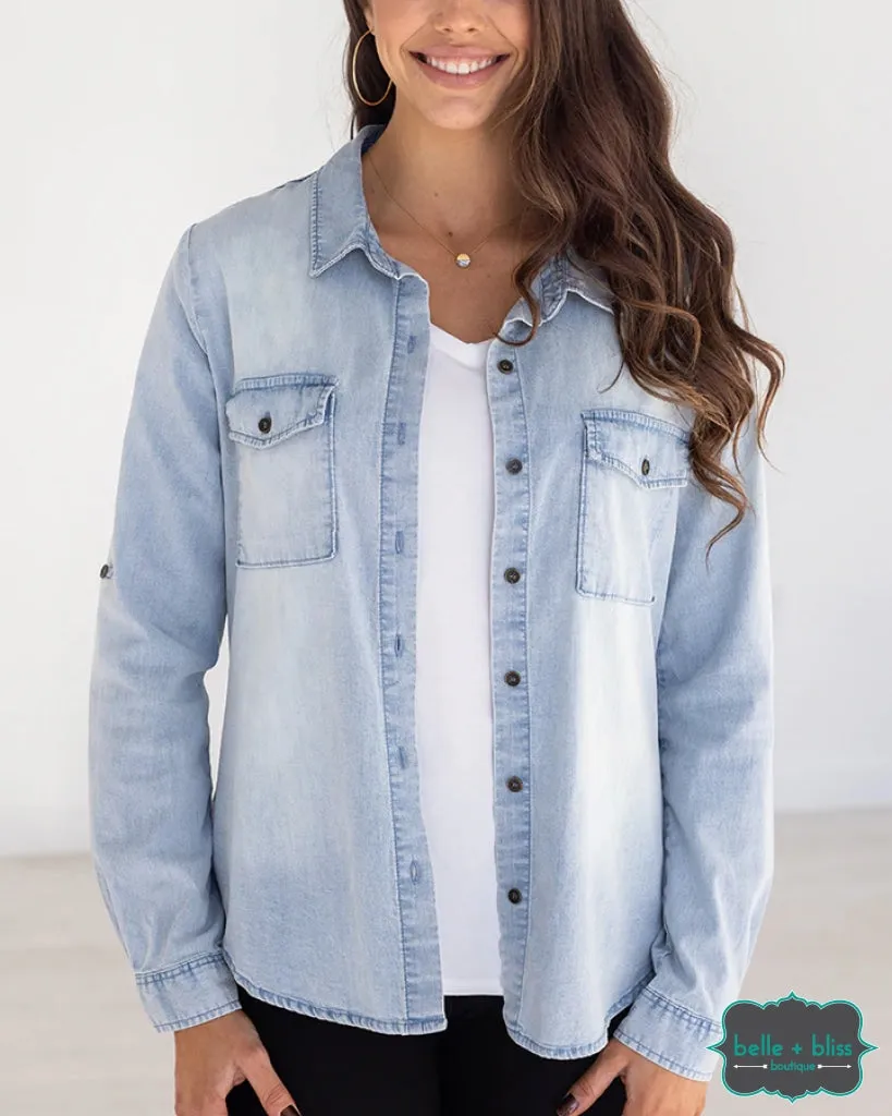 Grace and Lace Stretch Chambray Button Up - Light Wash