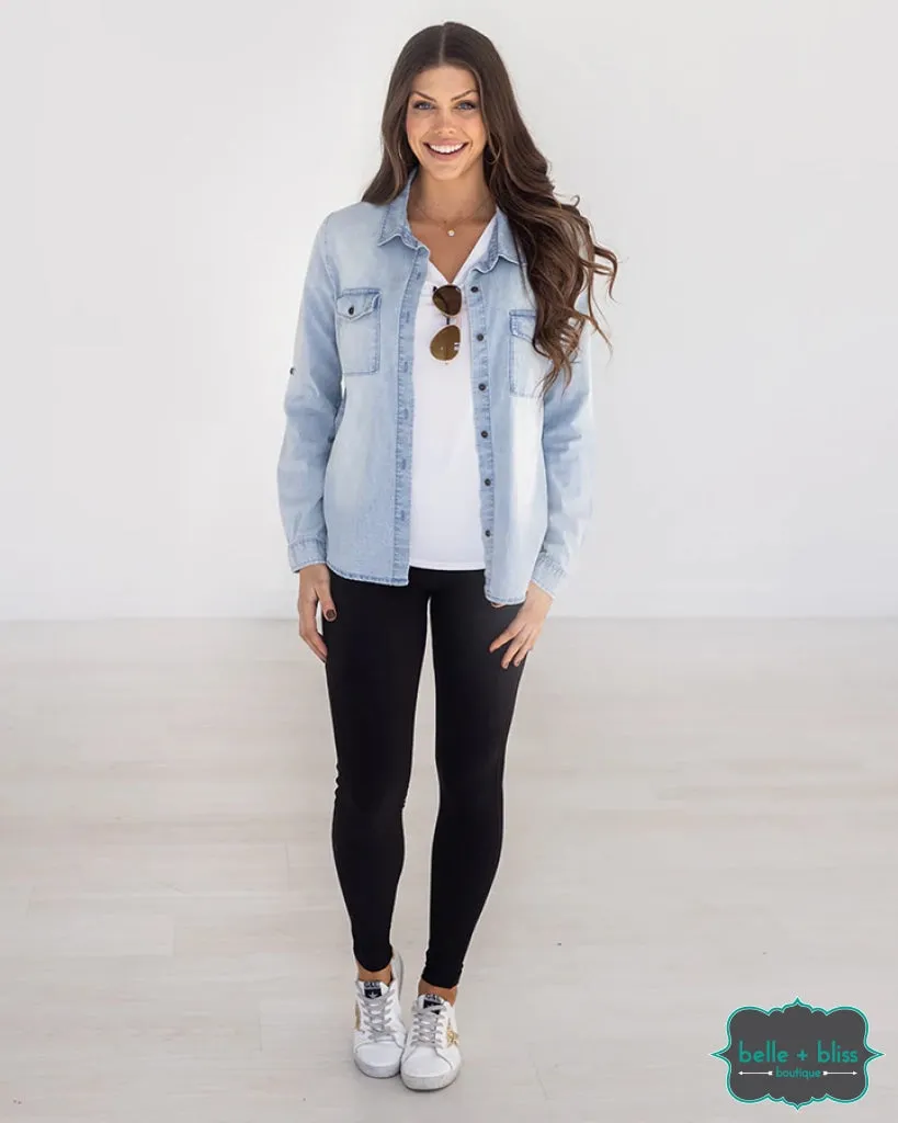 Grace and Lace Stretch Chambray Button Up - Light Wash