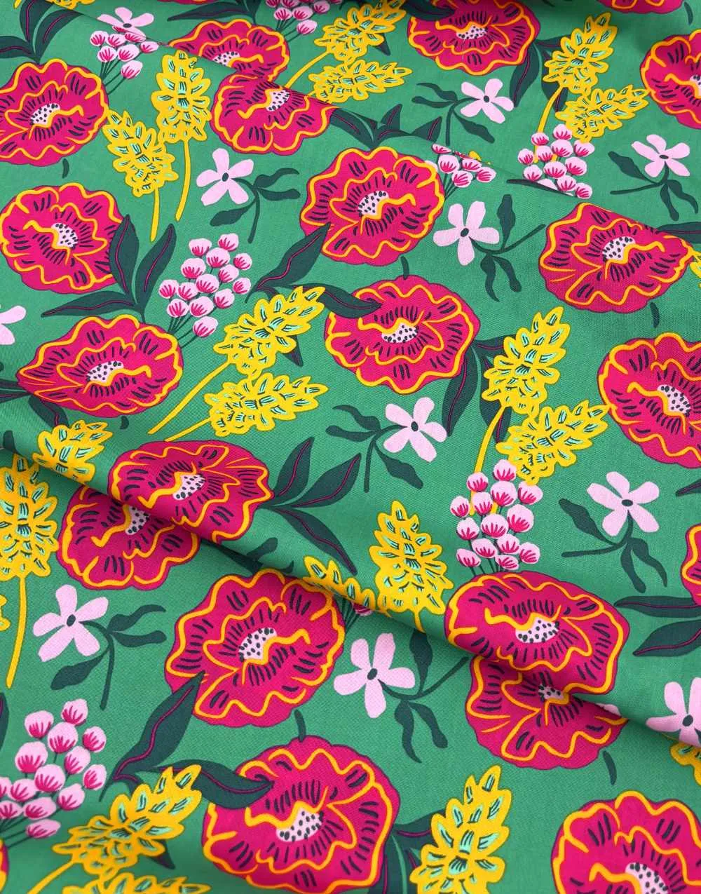 Green Fresh Flowers Cotton Poplin Fabric, Nerida Hansen