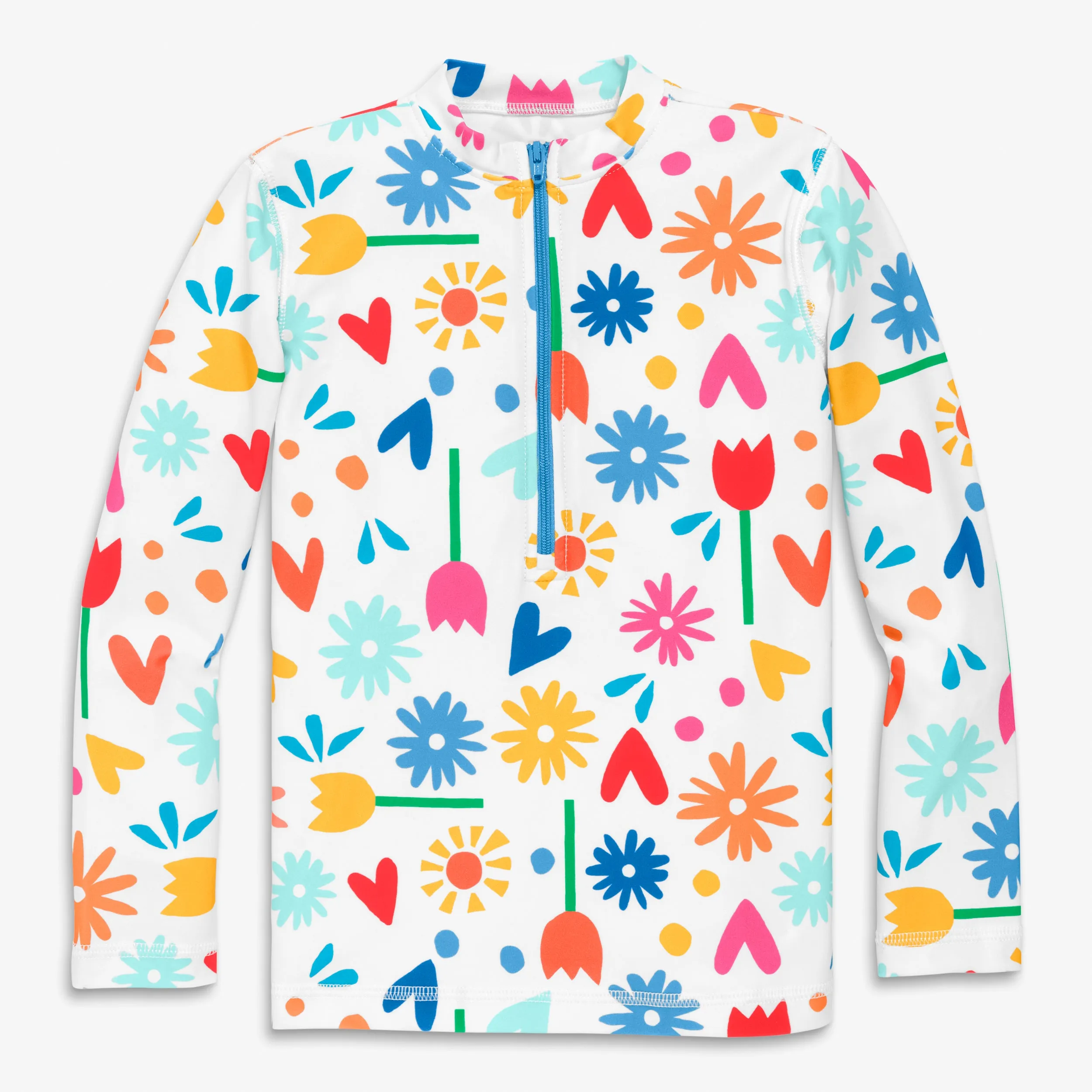 Long sleeve half-zip rash guard in rainbow garden party