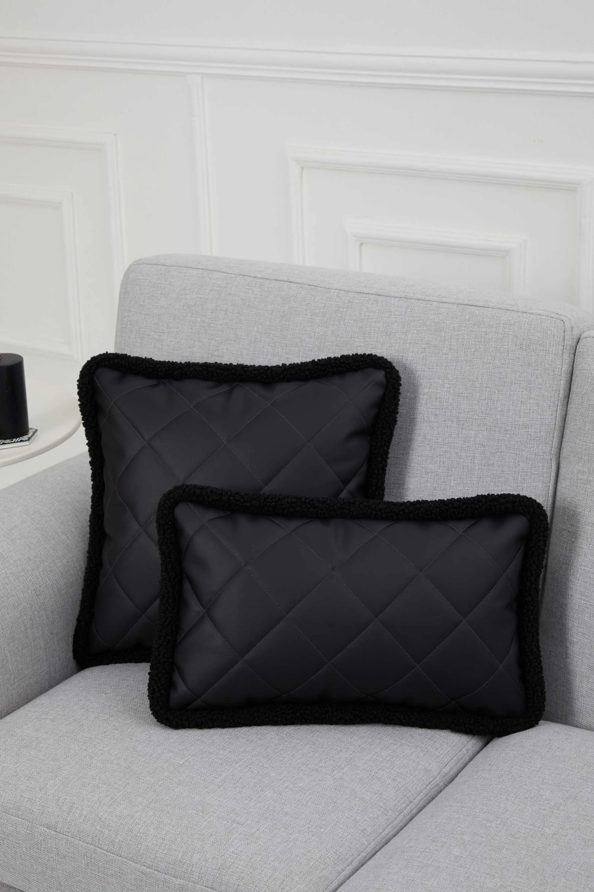 Luxe Faux Leather Quilted Pillow Cover with Teddy Edges, Solid Quilted Teddy Fabric Border Pillow Cover, 18x18 Inches Cushion Cover,K-305