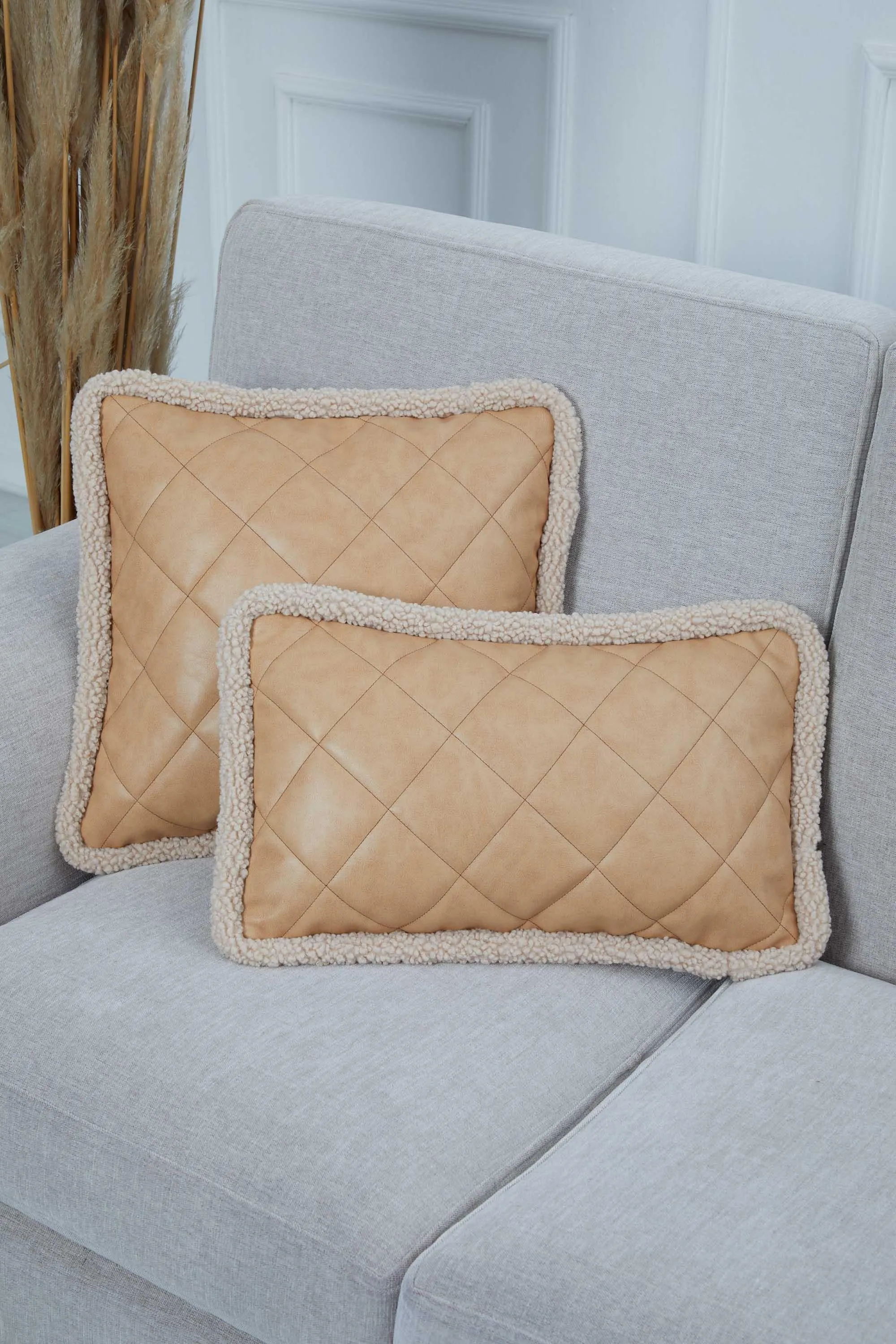 Luxe Faux Leather Quilted Pillow Cover with Teddy Edges, Solid Quilted Teddy Fabric Border Pillow Cover, 18x18 Inches Cushion Cover,K-305