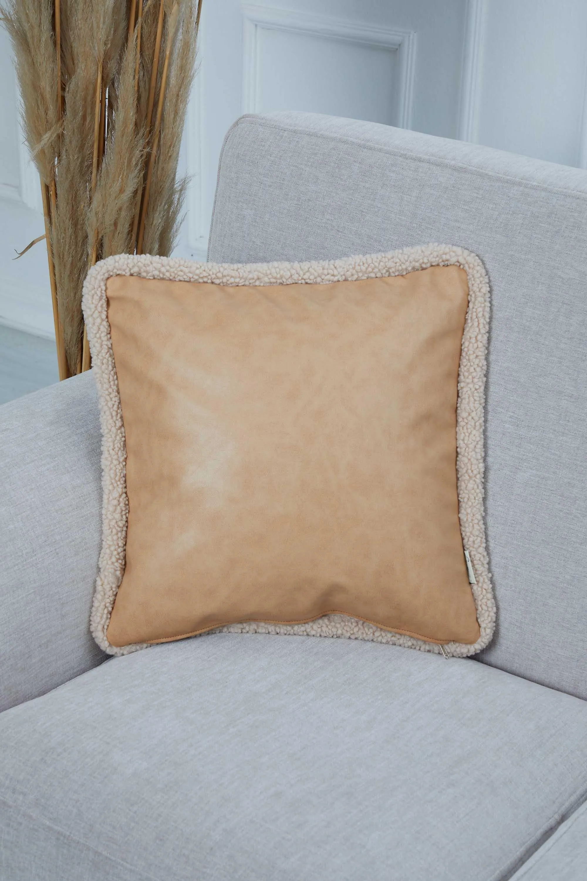 Luxe Faux Leather Quilted Pillow Cover with Teddy Edges, Solid Quilted Teddy Fabric Border Pillow Cover, 18x18 Inches Cushion Cover,K-305