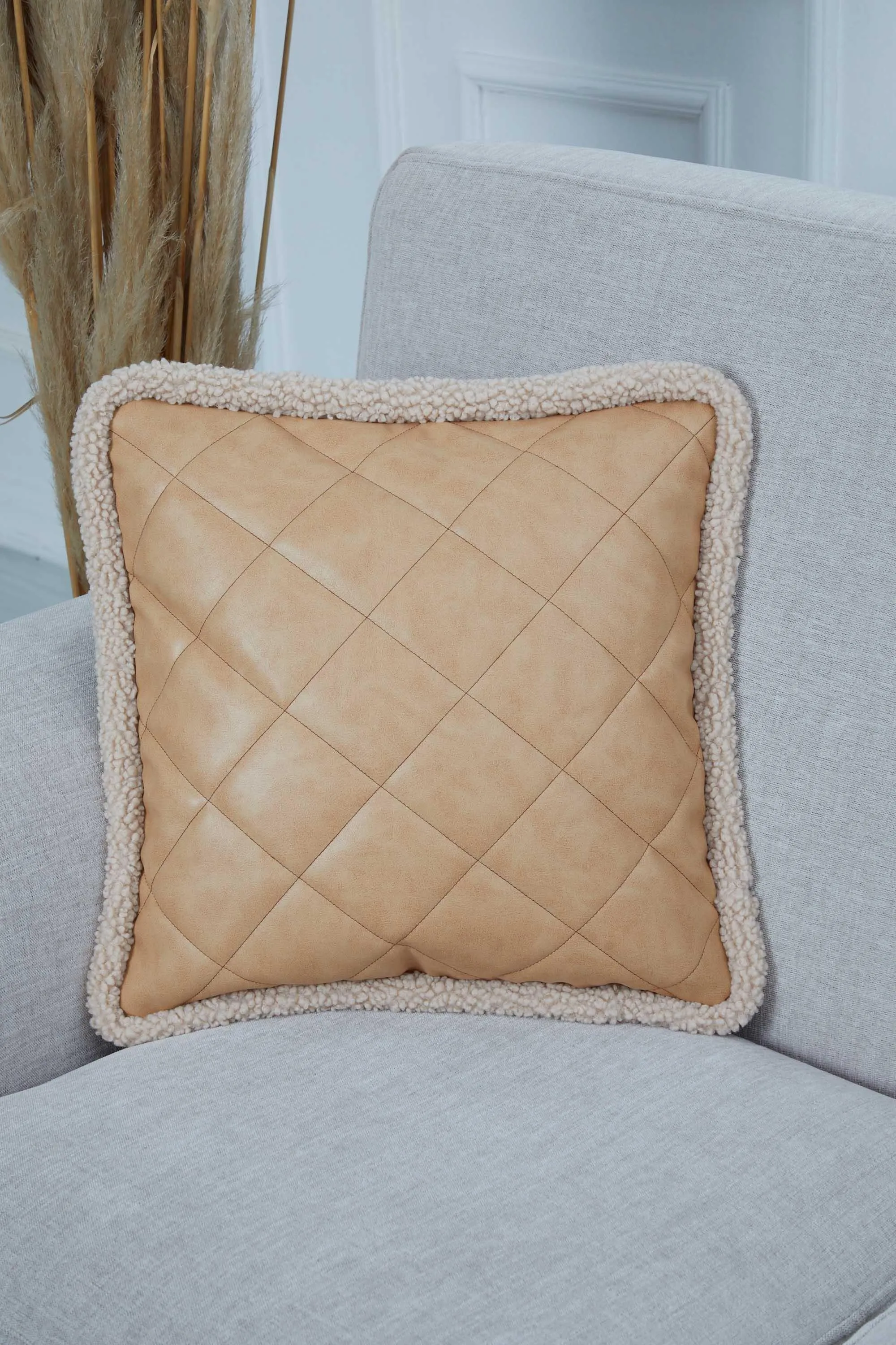 Luxe Faux Leather Quilted Pillow Cover with Teddy Edges, Solid Quilted Teddy Fabric Border Pillow Cover, 18x18 Inches Cushion Cover,K-305