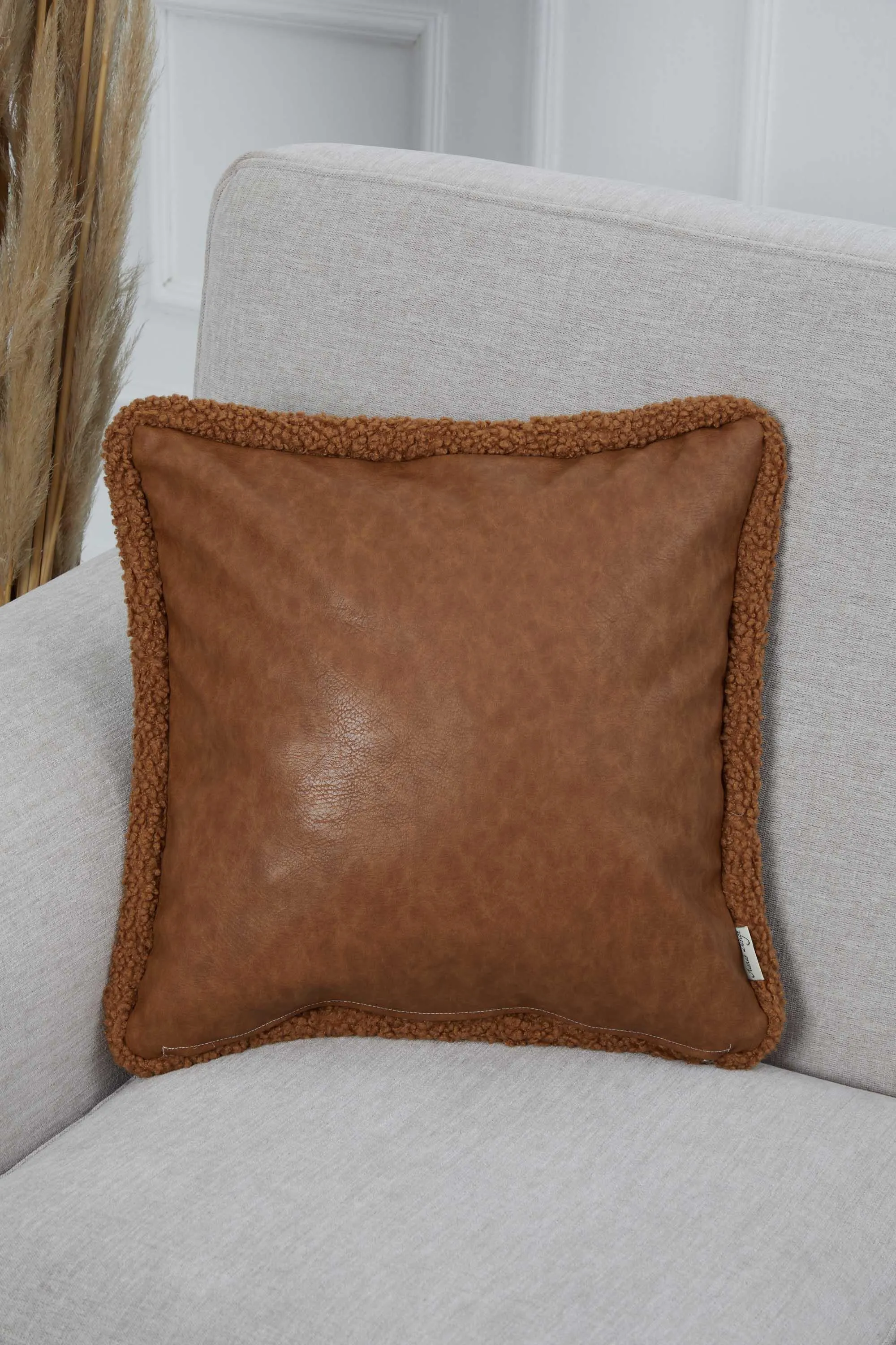 Luxe Faux Leather Quilted Pillow Cover with Teddy Edges, Solid Quilted Teddy Fabric Border Pillow Cover, 18x18 Inches Cushion Cover,K-305