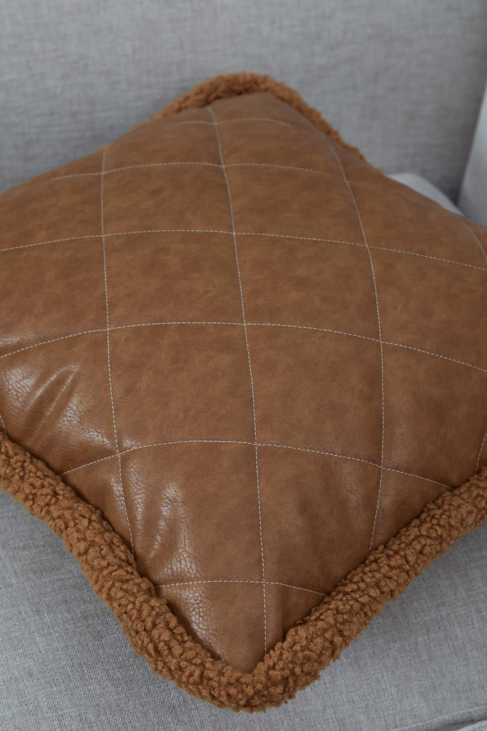 Luxe Faux Leather Quilted Pillow Cover with Teddy Edges, Solid Quilted Teddy Fabric Border Pillow Cover, 18x18 Inches Cushion Cover,K-305