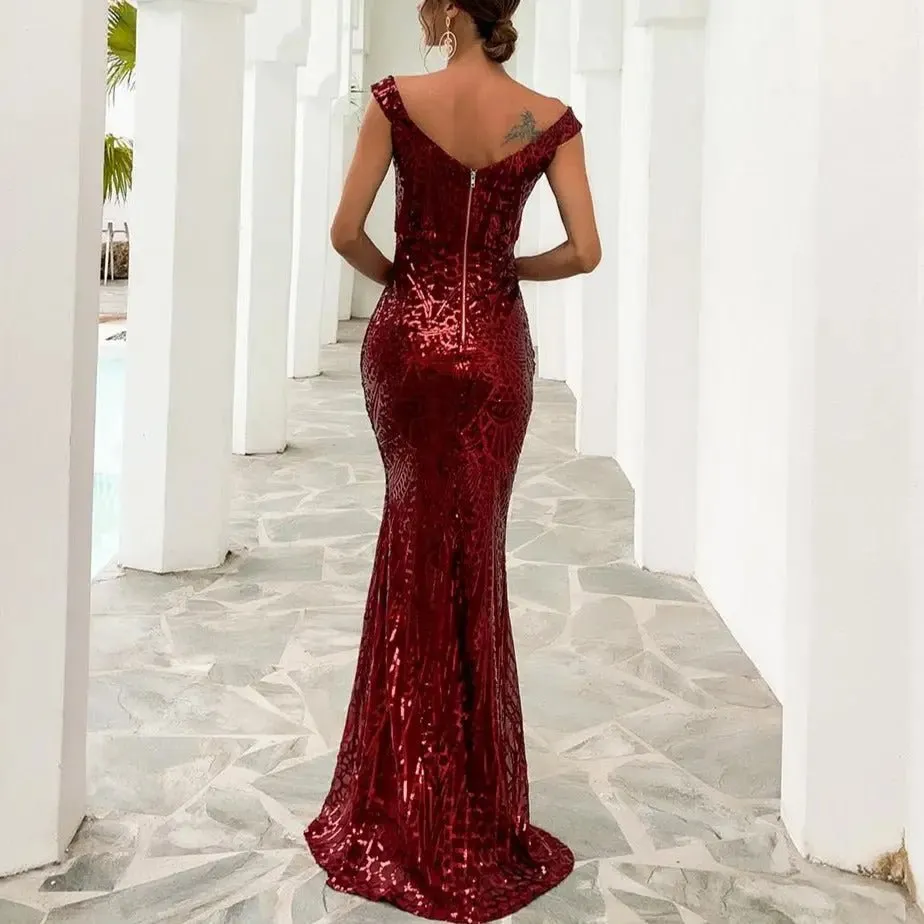 Maroon Off Shoulder Sequin Maxi Dress