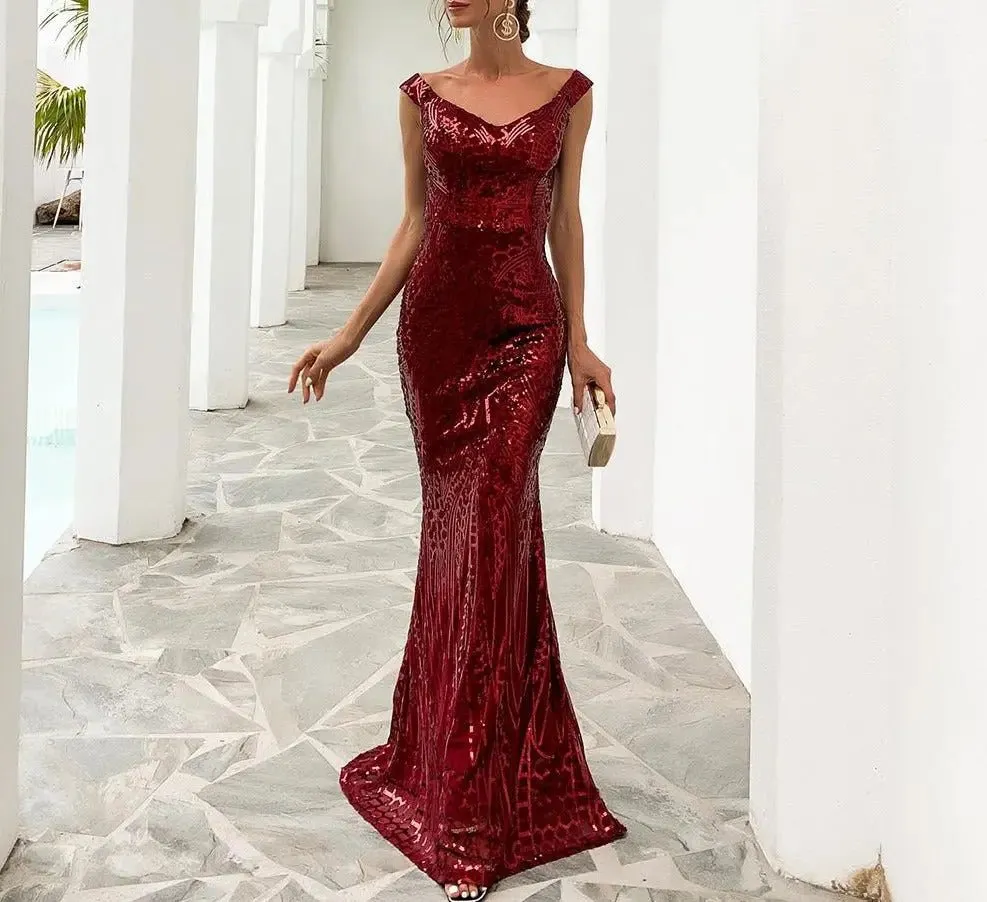 Maroon Off Shoulder Sequin Maxi Dress