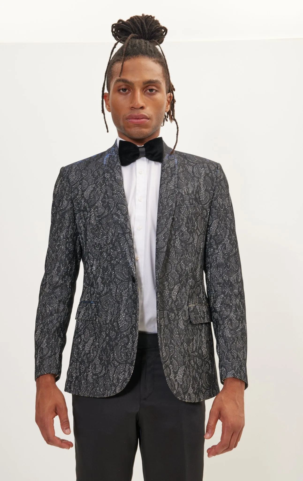 Metallic Lace Paisley Shawl Lapel Tuxedo Jacket -  Cobalt Black